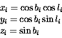 \begin{displaymath}\begin{array}{l}
x_i=\cos b_i \cos l_i \\
y_i=\cos b_i \sin l_i \\
z_i=\sin b_i \\
\end{array}\end{displaymath}